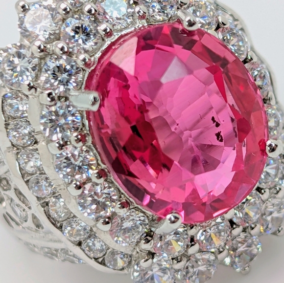 Pink Sapphire & White Topaz 24k White Gold Over S925 Sterling Silver Size 6 1/2 - Picture 2 of 6